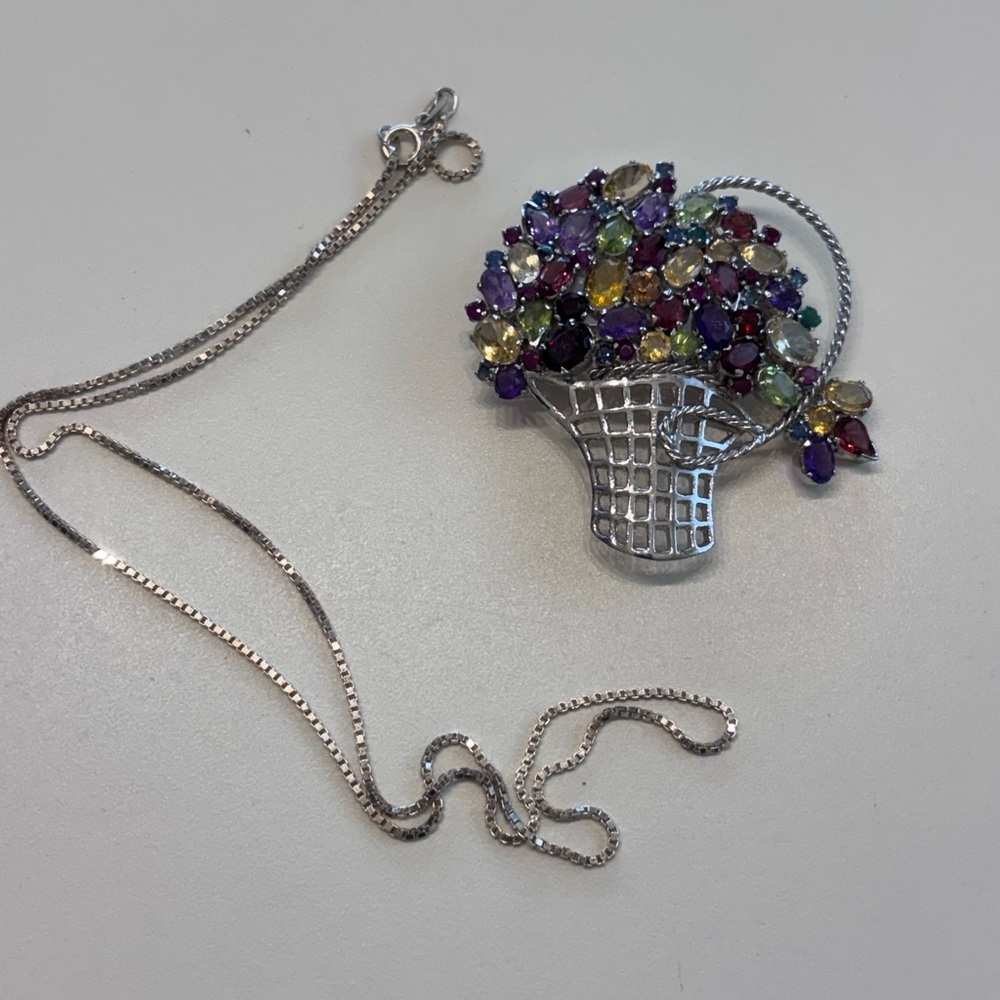 925 Multi Colored Gemstone Basket of Flowers Pendant/Brooch